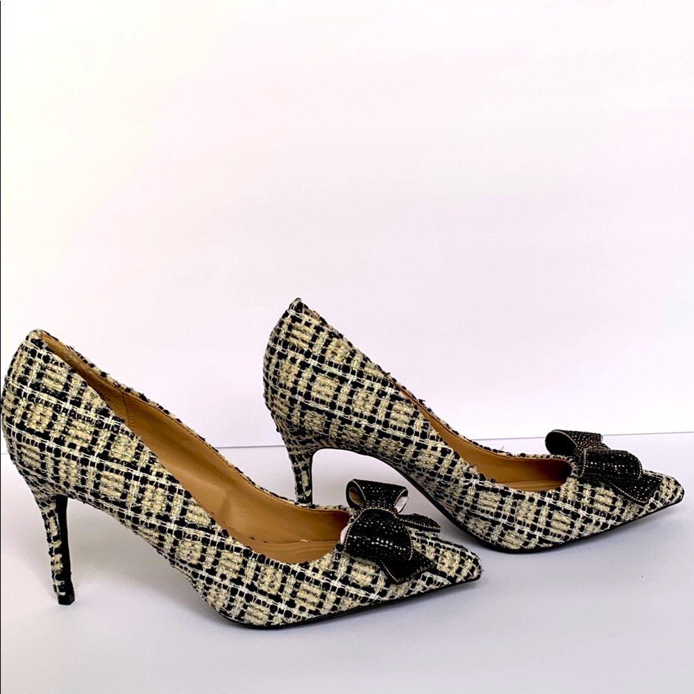 Elegant Tweed Bow Black & White Heels